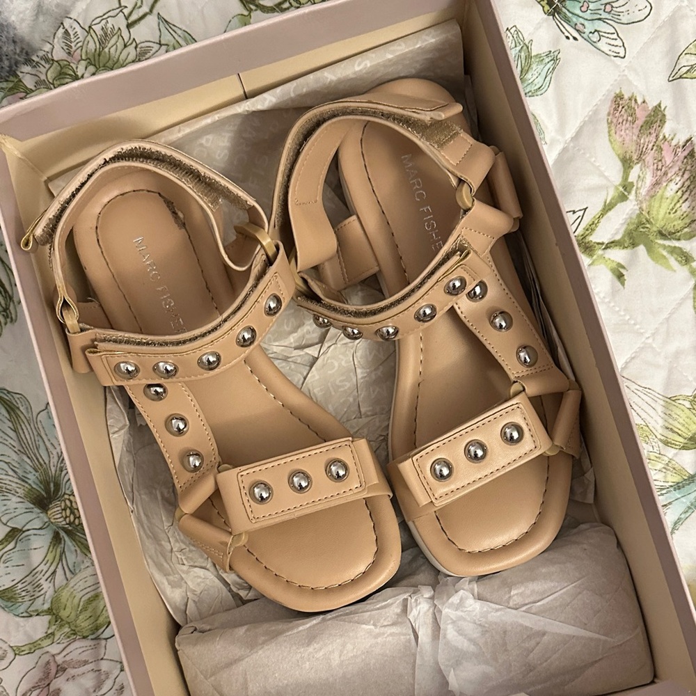 Marc Fisher Beige Studded Leather T-Strap Sandals